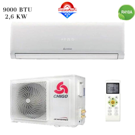 Climatiseur CHIGO 9000 BTU Inverter – Refroidissement efficace et écoénergétique pour espaces petits à moyens au Maroc.