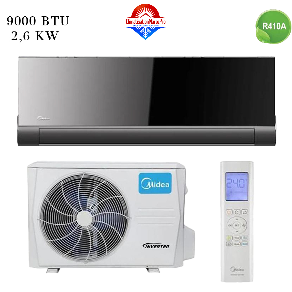 Climatiseur Midea 9000 BTU Inverter Noir Miroir – Performance et design moderne au Maroc.