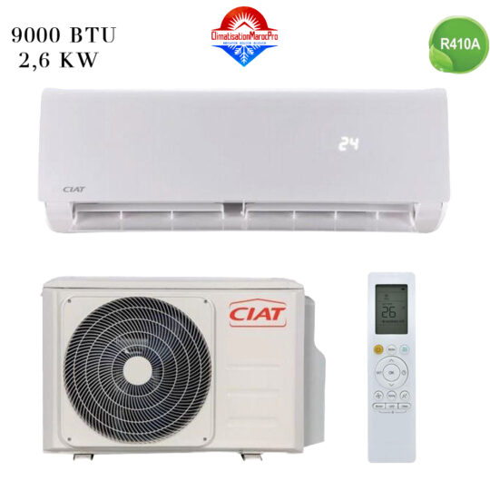 Climatiseur Split Mural CIAT 9000 BTU R410 – Refroidissement rapide et écologique au Maroc. Livraison gratuite et installation en option.