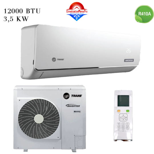 Climatiseur Trane 12000 BTU Inverter, puissant, économique, silencieux, gaz R410, installation en option et livraison gratuite au Maroc.