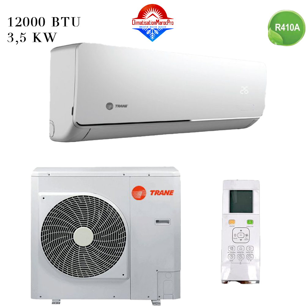 Climatiseur Trane 12000 BTU R410, performant, écoénergétique, design moderne, livraison gratuite et installation en option au Maroc.