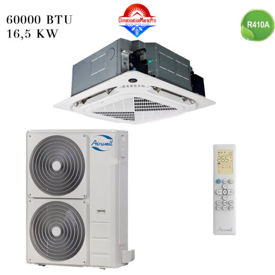 Climatiseur Cassette Airwell 60000 BTU R410 – Refroidissement performant pour de grands espaces avec fluide réfrigérant écologique.