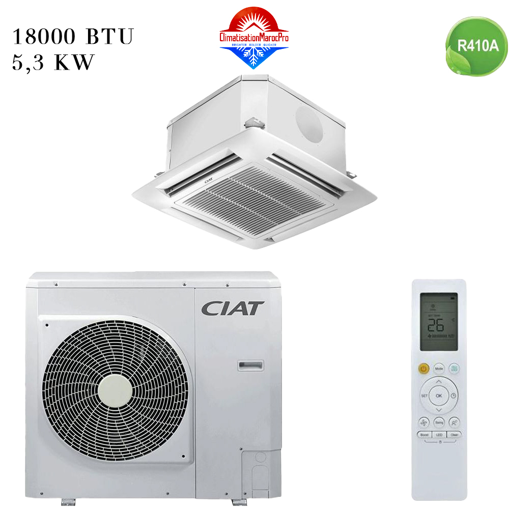 Climatiseur Cassette CIAT 18000 BTU R410 – Solution efficace pour climatiser des espaces moyens avec faible consommation énergétique.