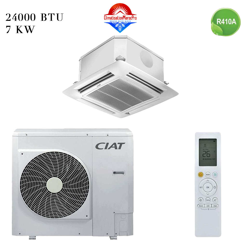 Climatiseur Cassette CIAT 24000 BTU R410 – Solution efficace pour refroidir des espaces de taille moyenne avec faible consommation énergétique.