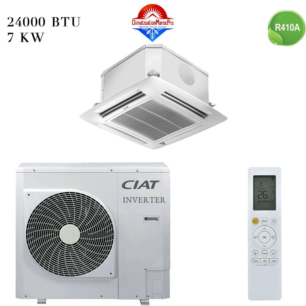 Climatiseur Cassette CIAT 24000 BTU Inverter R410A – Climatisation efficace et économique pour espaces de taille moyenne avec faible consommation énergétique.