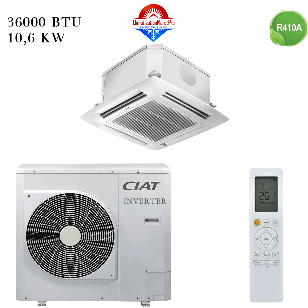 Climatiseur Cassette CIAT 36000 BTU Inverter R410A – Refroidissement efficace et écologique pour grands espaces avec faible consommation énergétique.