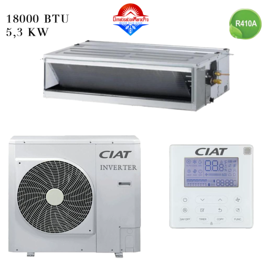 Climatiseur Gainable CIAT 18000 BTU Inverter 5.3 kW – Solution de refroidissement économique et silencieuse, idéale pour les espaces moyens avec installation discrète.