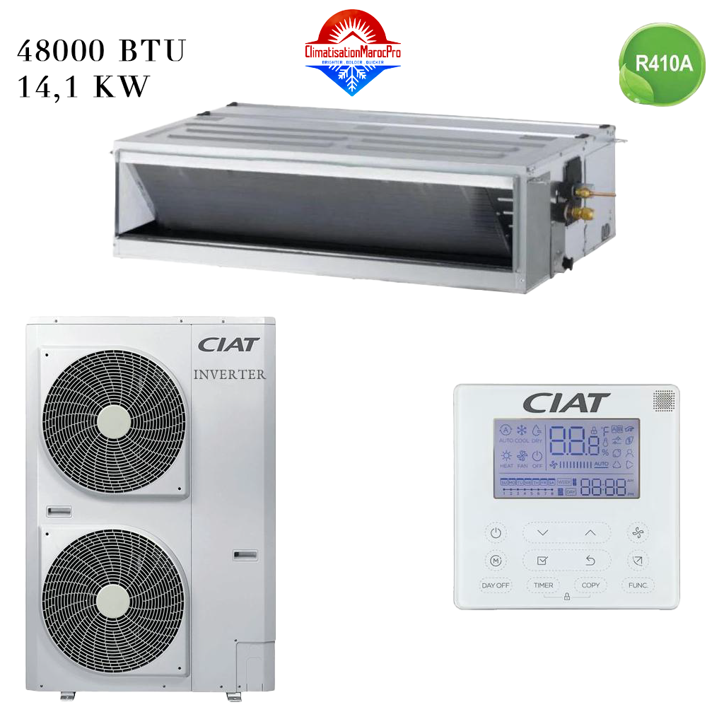 Climatiseur Gainable CIAT 48000 BTU Inverter 14.1 kW – Refroidissement rapide, écoénergétique et silencieux, idéal pour les grands espaces au Maroc.