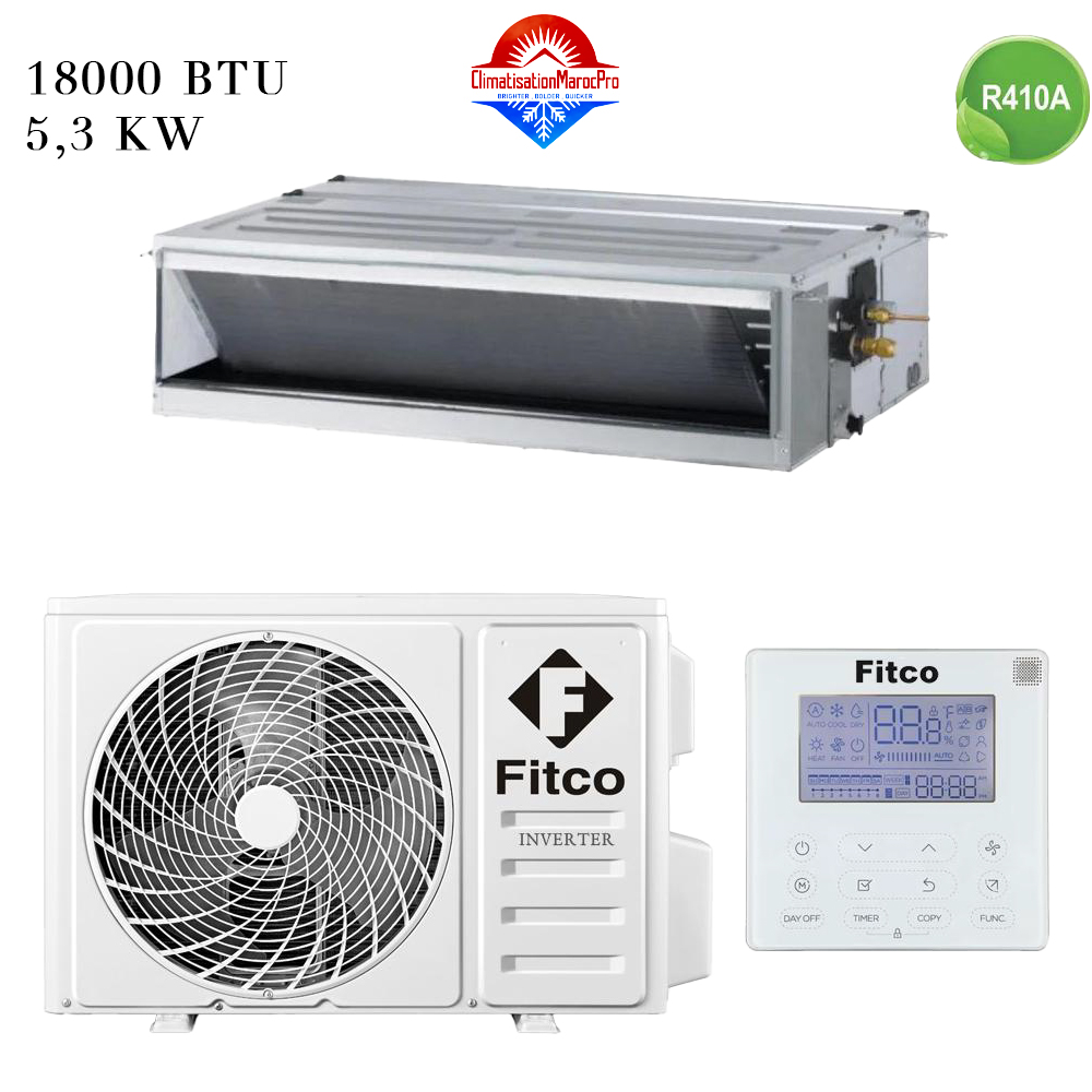 Climatiseur Gainable Fitco 18000 BTU Inverter 5.3 kW – Discrétion, confort et efficacité énergétique au Maroc.