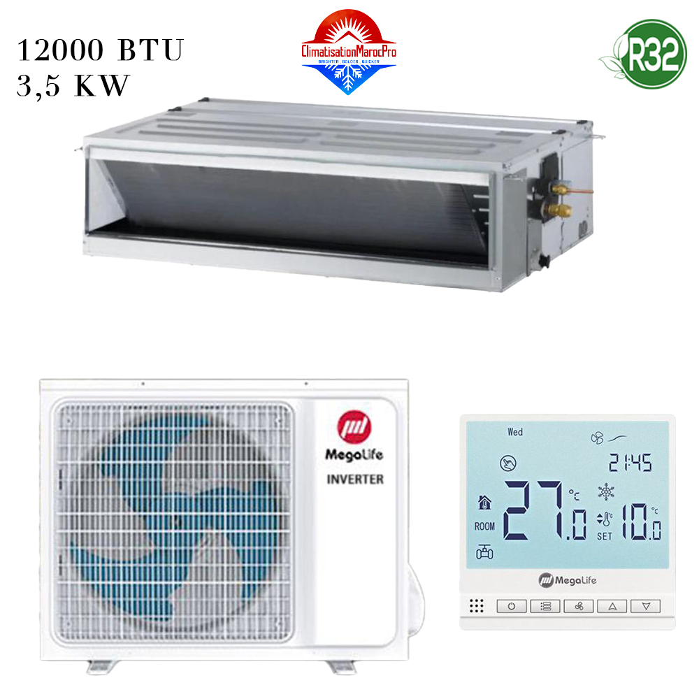 Climatiseur Gainable Mégalife 12000 BTU Inverter R32 – Refroidissement et chauffage écoénergétiques pour petits espaces